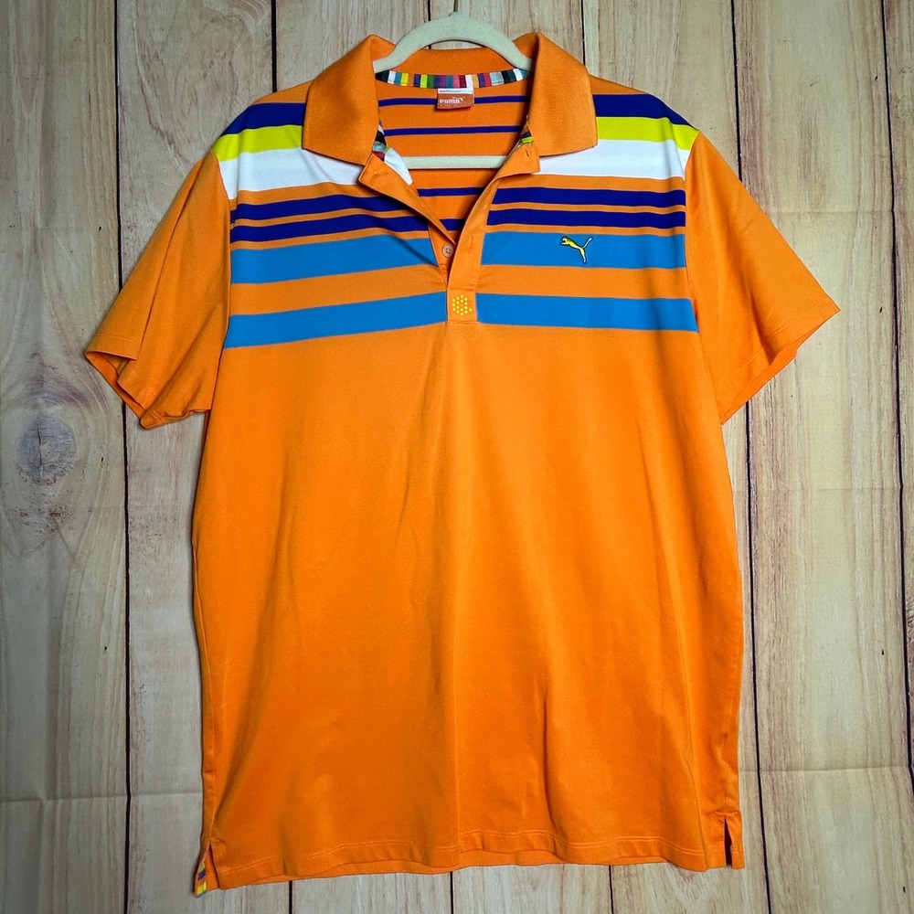 Puma Polo Shirt Mens Large Orange Striped USP Dry Performance Golf Sportswear - Picture 2 of 8